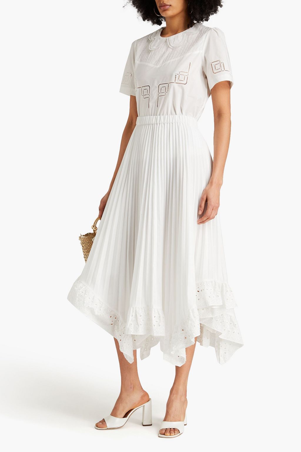 CLAUDIE PIERLOT Broderie anglaise-paneled mousseline midi skirt