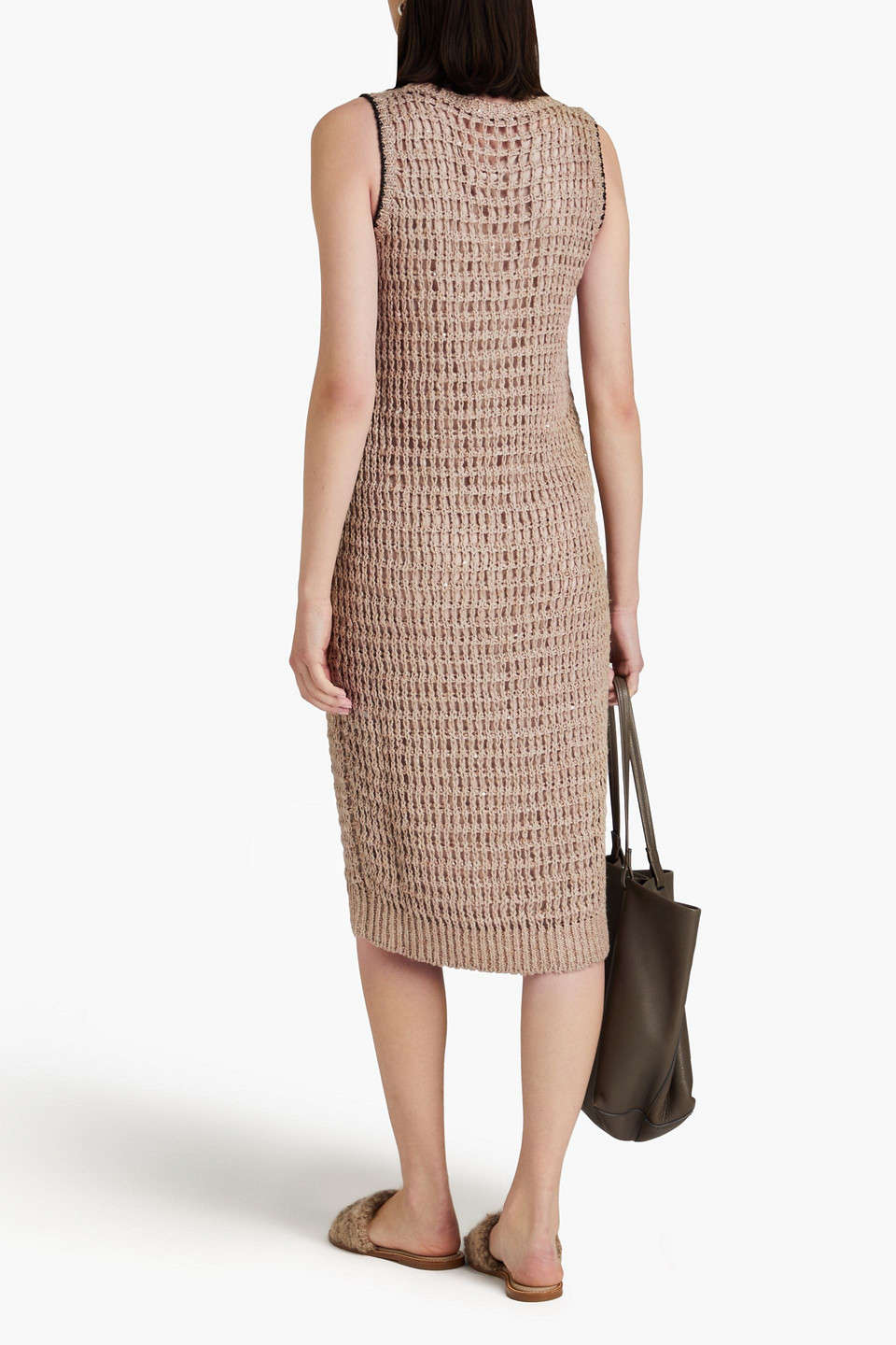 BRUNELLO CUCINELLI SEQUIN-EMBELLISHED OPEN-KNIT LINEN AND SILK-BLEND DRESS