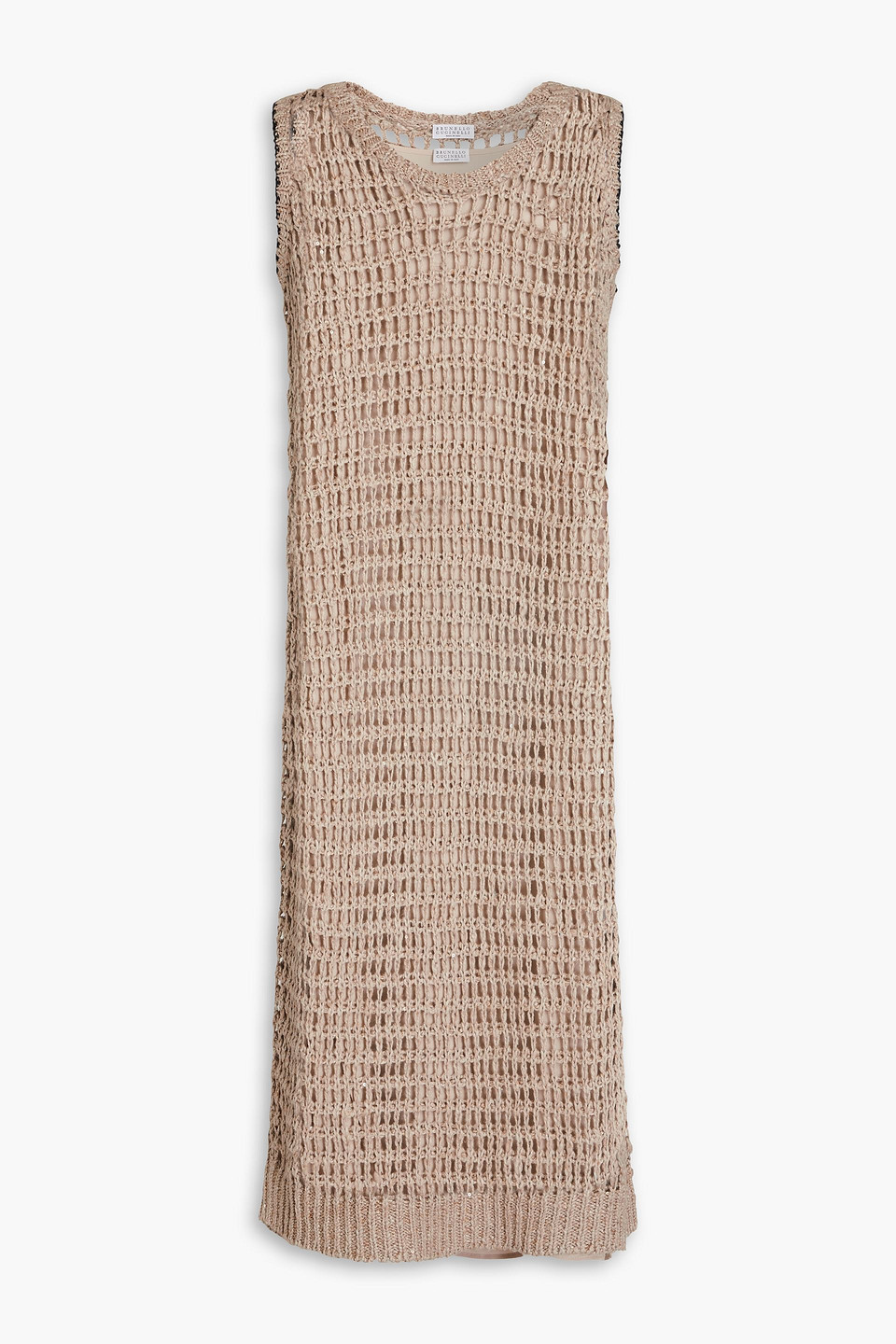 BRUNELLO CUCINELLI SEQUIN-EMBELLISHED OPEN-KNIT LINEN AND SILK-BLEND DRESS
