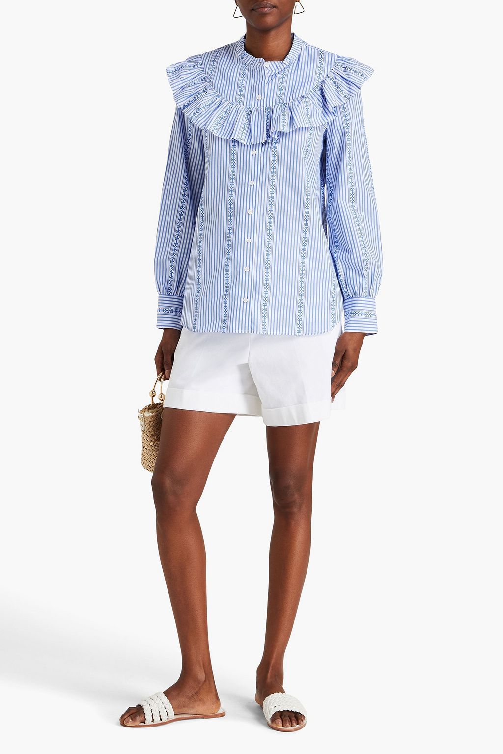 CLAUDIE PIERLOT قميص مصنوع من قطن بوبلين بتصميم مخطط ومزين بكشاكش