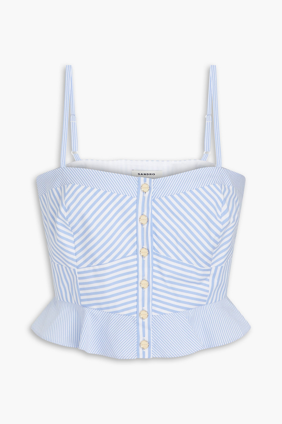 Sandro Cropped Striped Cotton-blend Poplin Top In Light Blue
