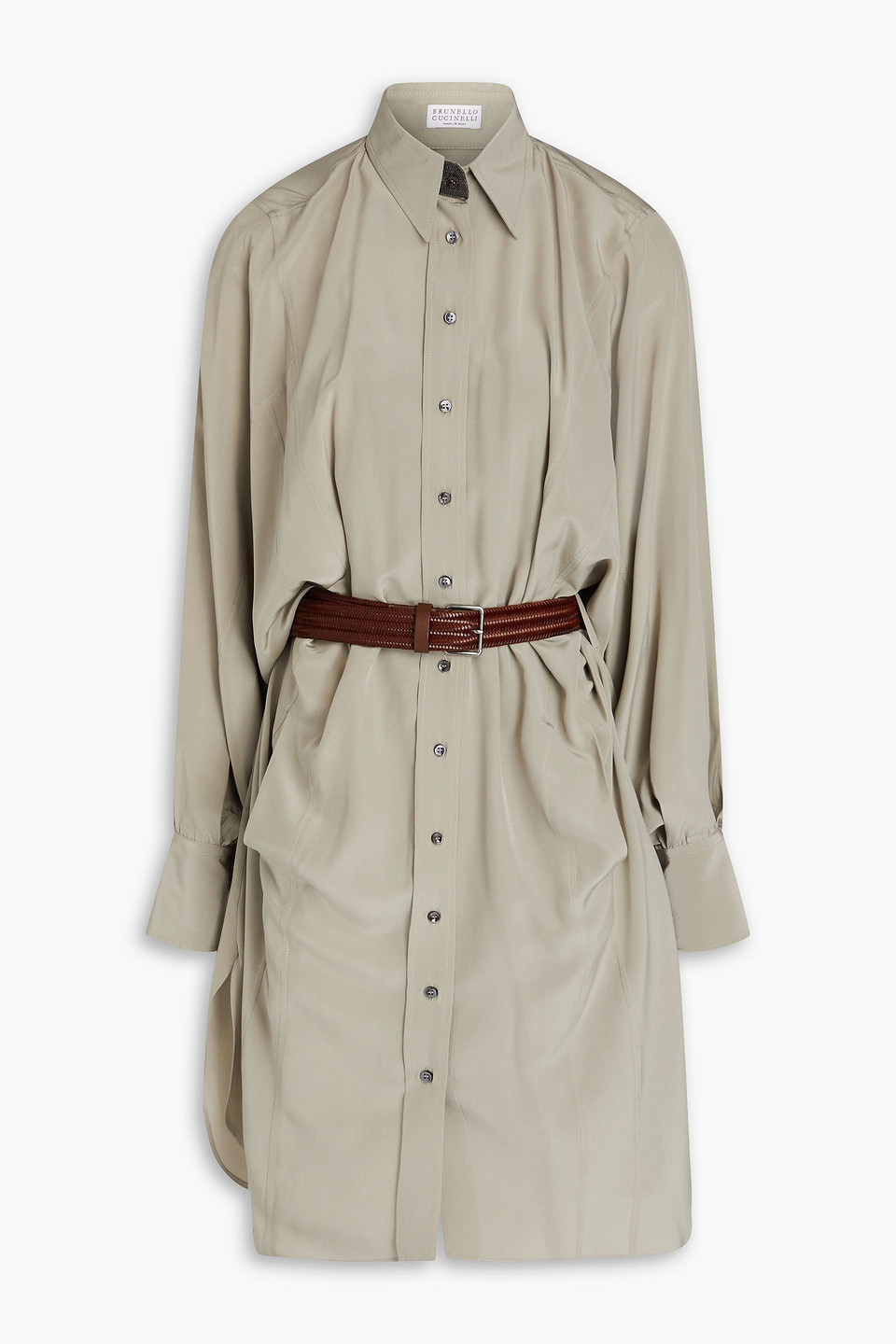 Brunello Cucinelli Belted Silk Crepe De Chine Shirt Dress In Sage Green