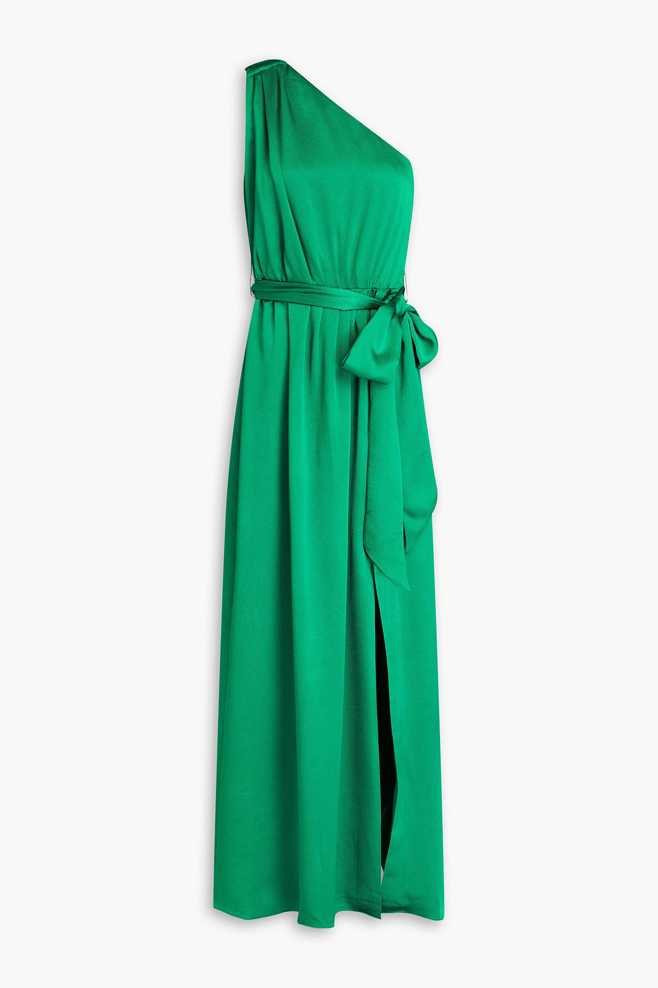 One-shoulder belted hammered-satin maxi dress