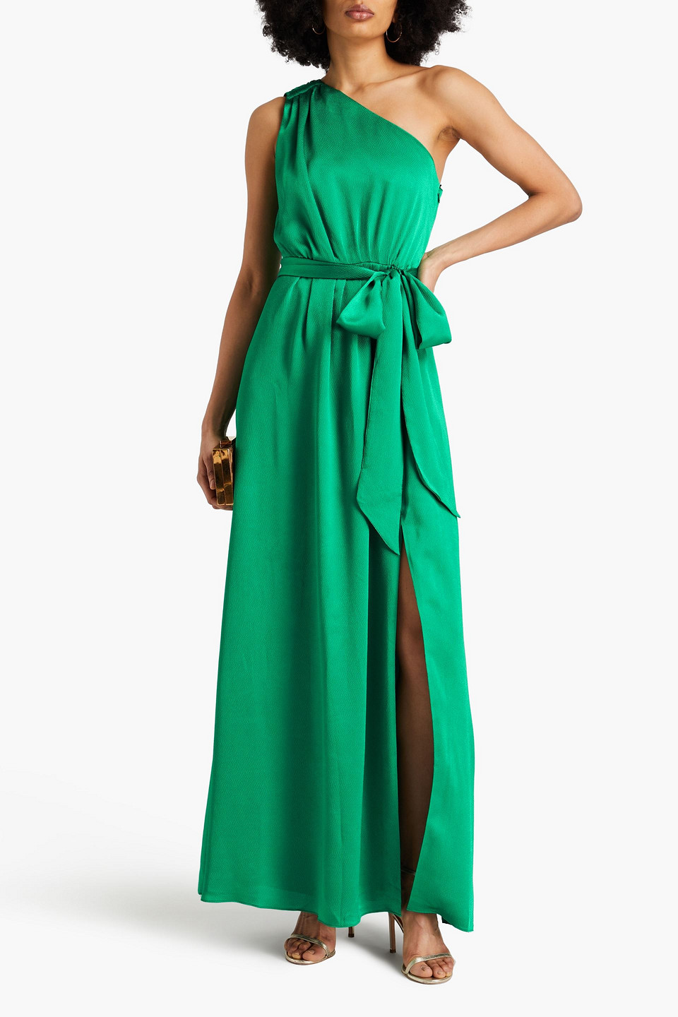 ML MONIQUE LHUILLIER ONE-SHOULDER HAMMERED-SATIN MAXI DRESS