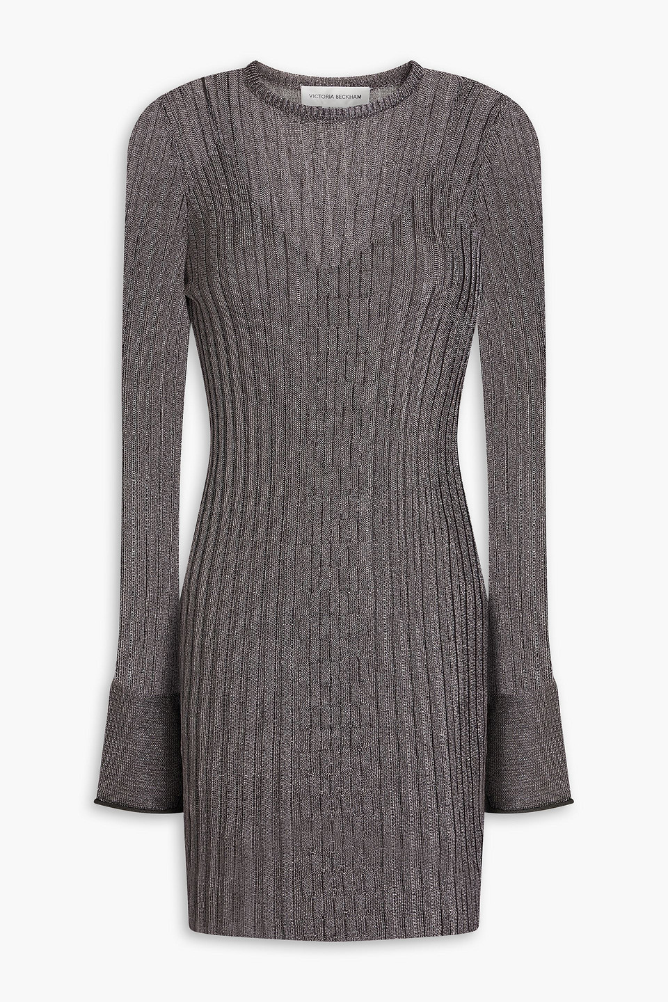 Shop Victoria Beckham Metallic Ribbed Crochet-knit Mini Dress In Gunmetal