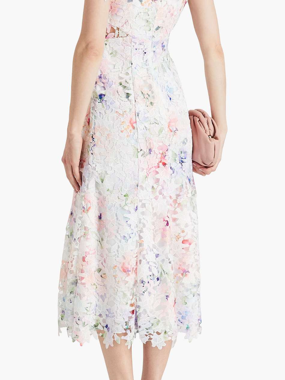 fluted floral-print guipure lace midi dress