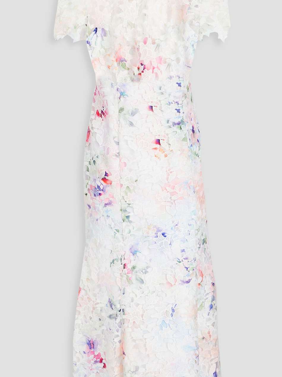 fluted floral-print guipure lace midi dress