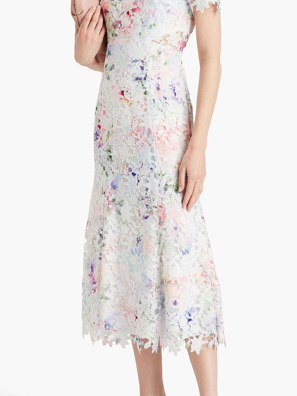 fluted floral-print guipure lace midi dress