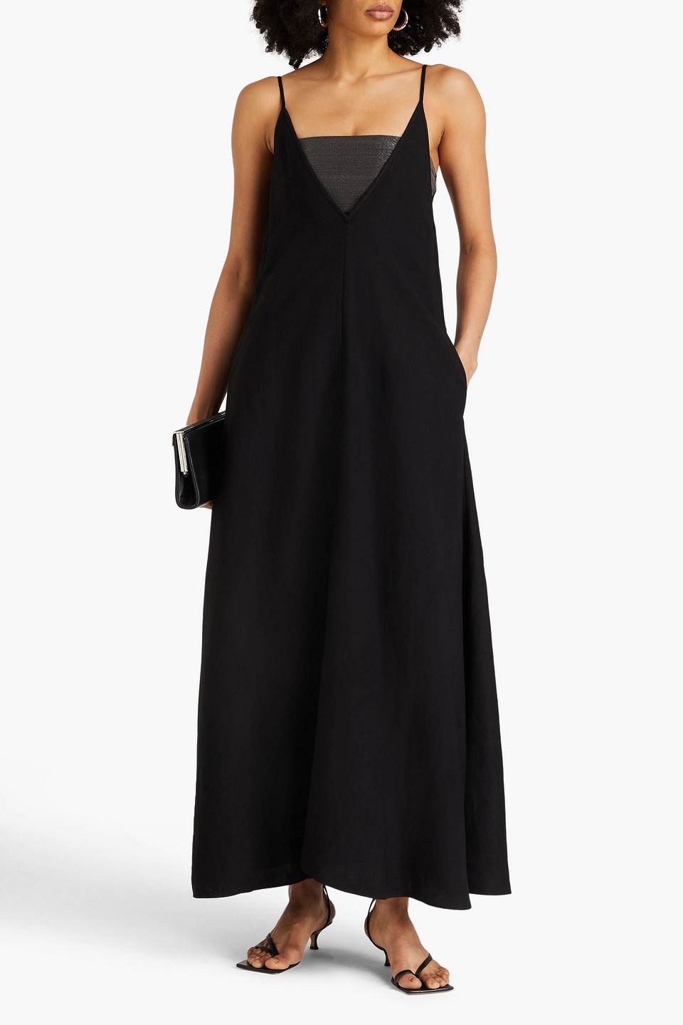 Shop Brunello Cucinelli Bead-embellished Layered Twill Maxi Dress In Black