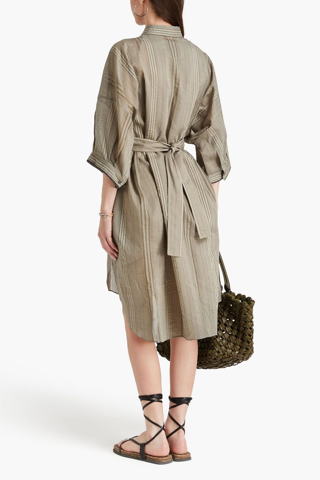 BRUNELLO CUCINELLI コットン&シルク混シアサッカー ミディシャツワンピース ビーズ付き ストライプ