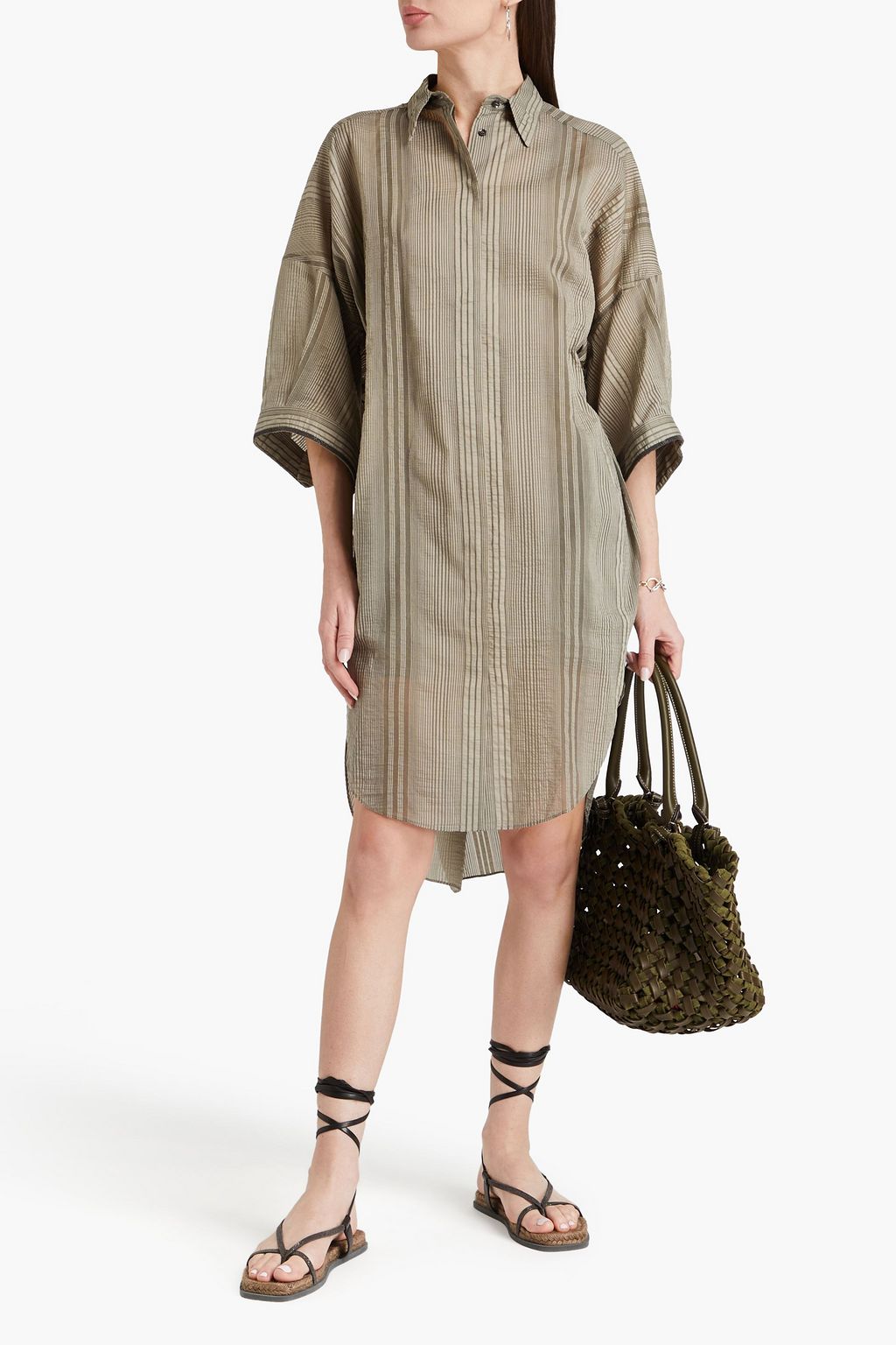 BRUNELLO CUCINELLI コットン&シルク混シアサッカー ミディシャツワンピース ビーズ付き ストライプ