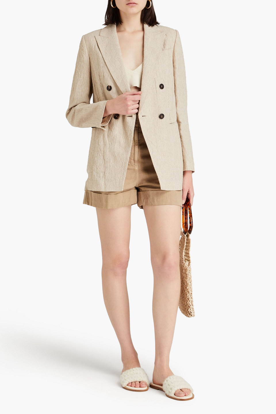 Brunello Cucinelli Doppelreihiger Blazer Aus Leinen Mit Streifen In Sandfarben