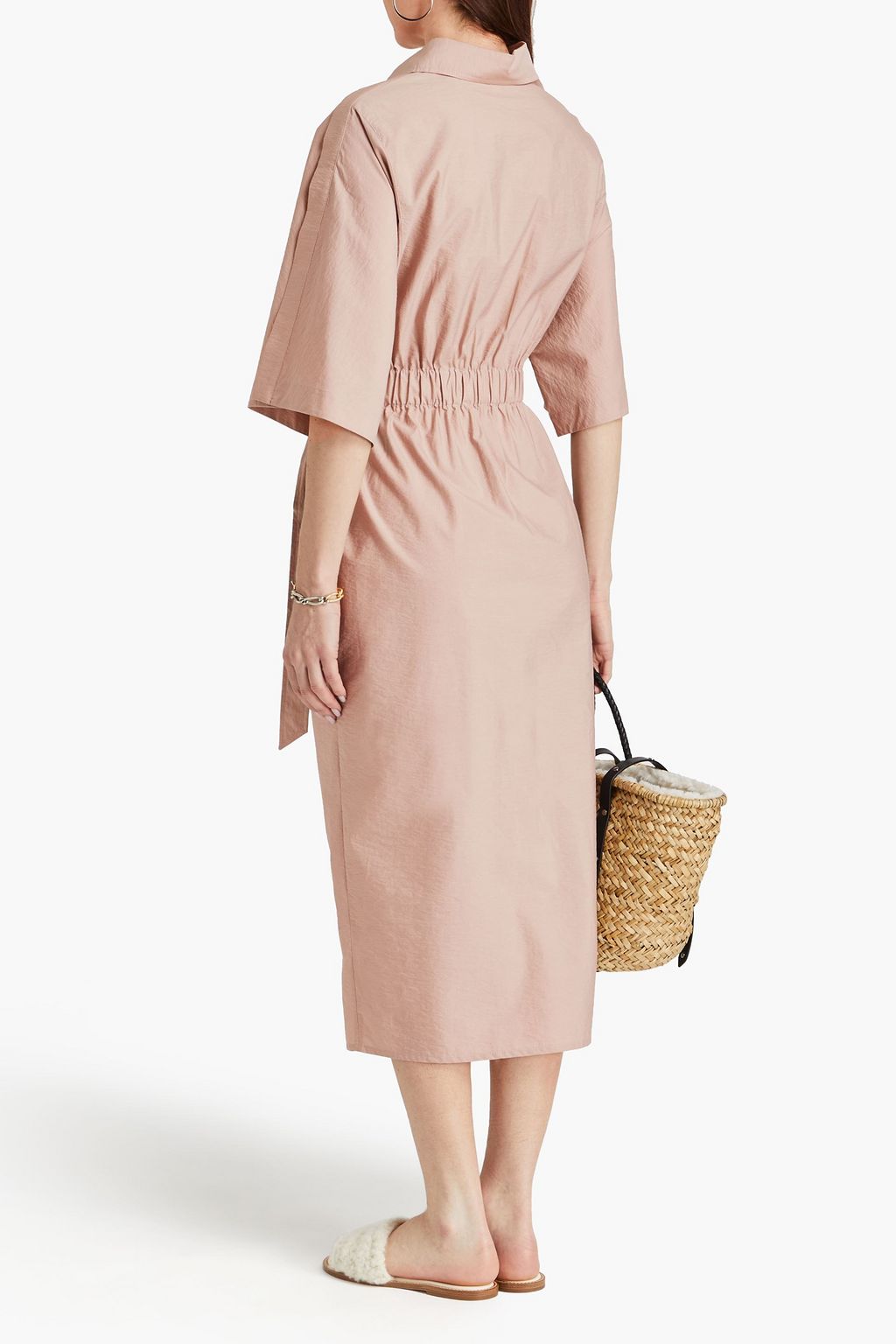 BRUNELLO CUCINELLI Hemdkleid in Midilänge aus einer Baumwollmischung in Knitteroptik mit Zierperlen