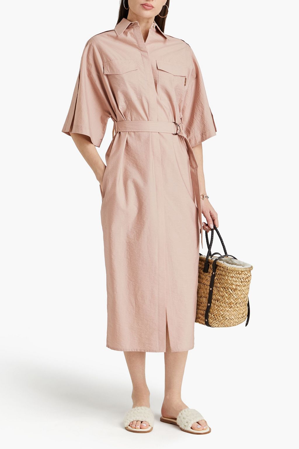 BRUNELLO CUCINELLI Hemdkleid in Midilänge aus einer Baumwollmischung in Knitteroptik mit Zierperlen