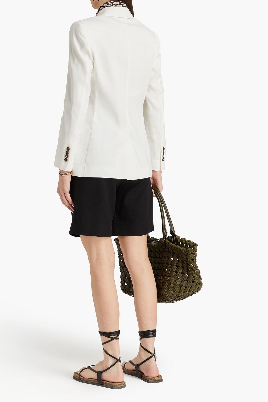 BRUNELLO CUCINELLI Double-breasted bead-embellished linen-blend twill blazer