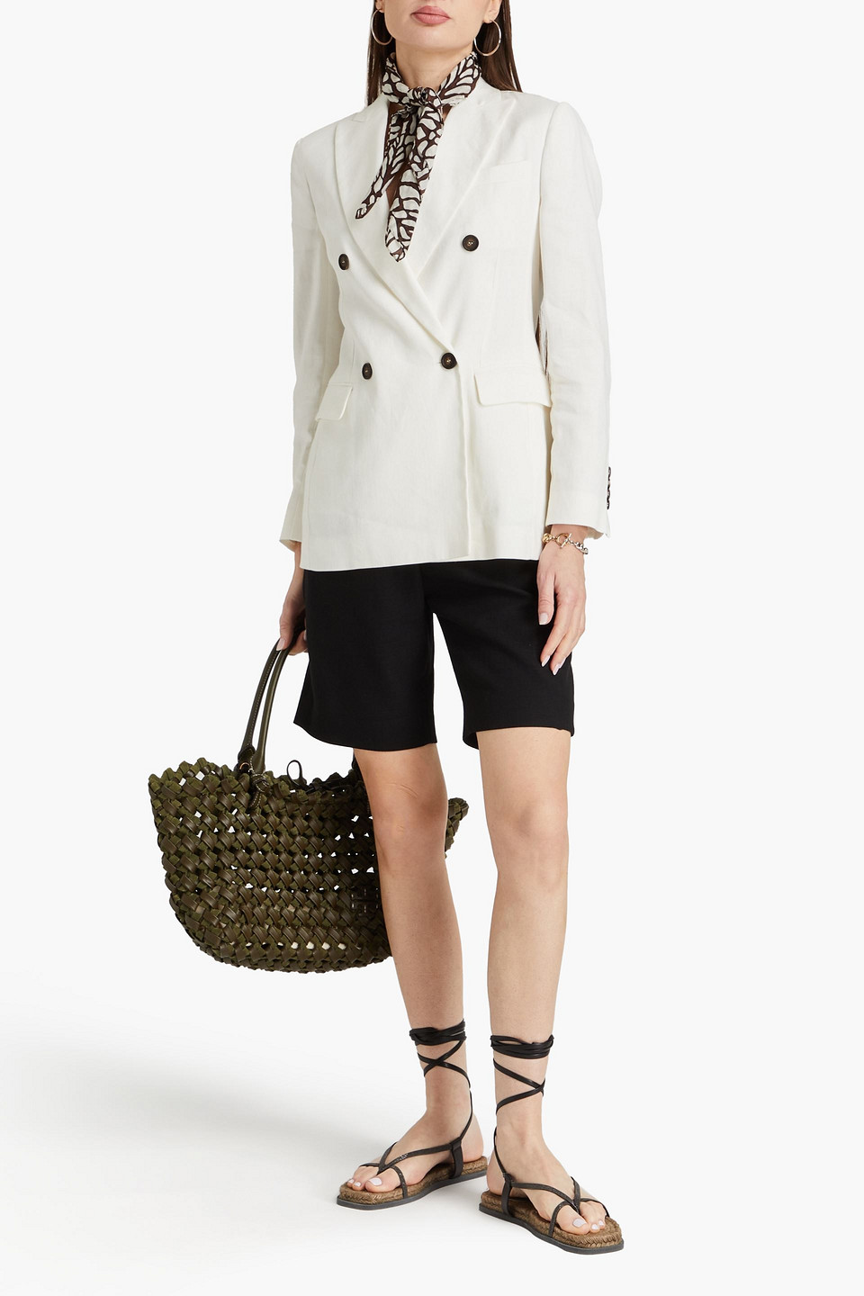 Shop Brunello Cucinelli Double-breasted Bead-embellished Linen-blend Twill Blazer In Elfenbein