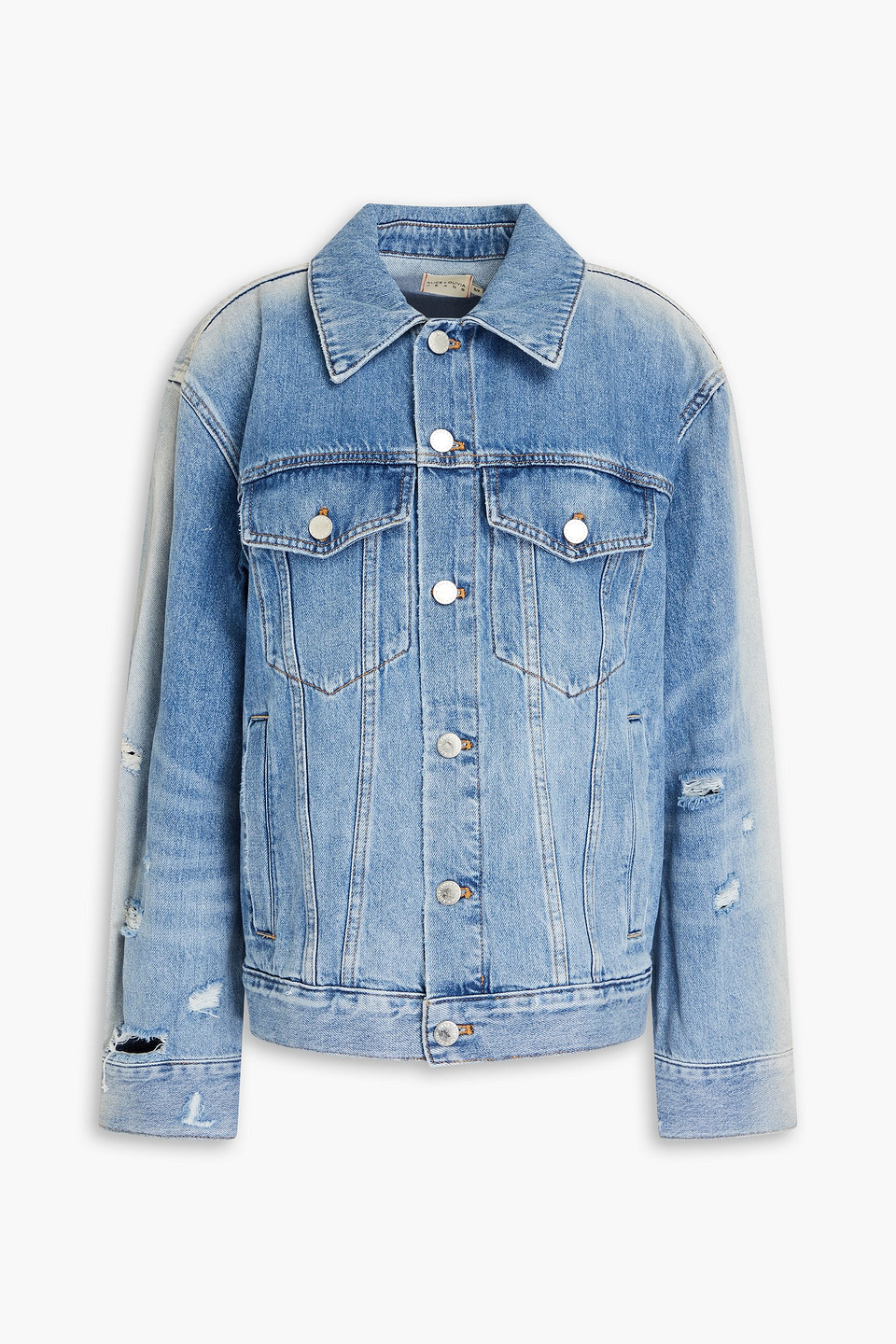 Shop Alice And Olivia Jeff Distressed Denim Jacket In Light Denim