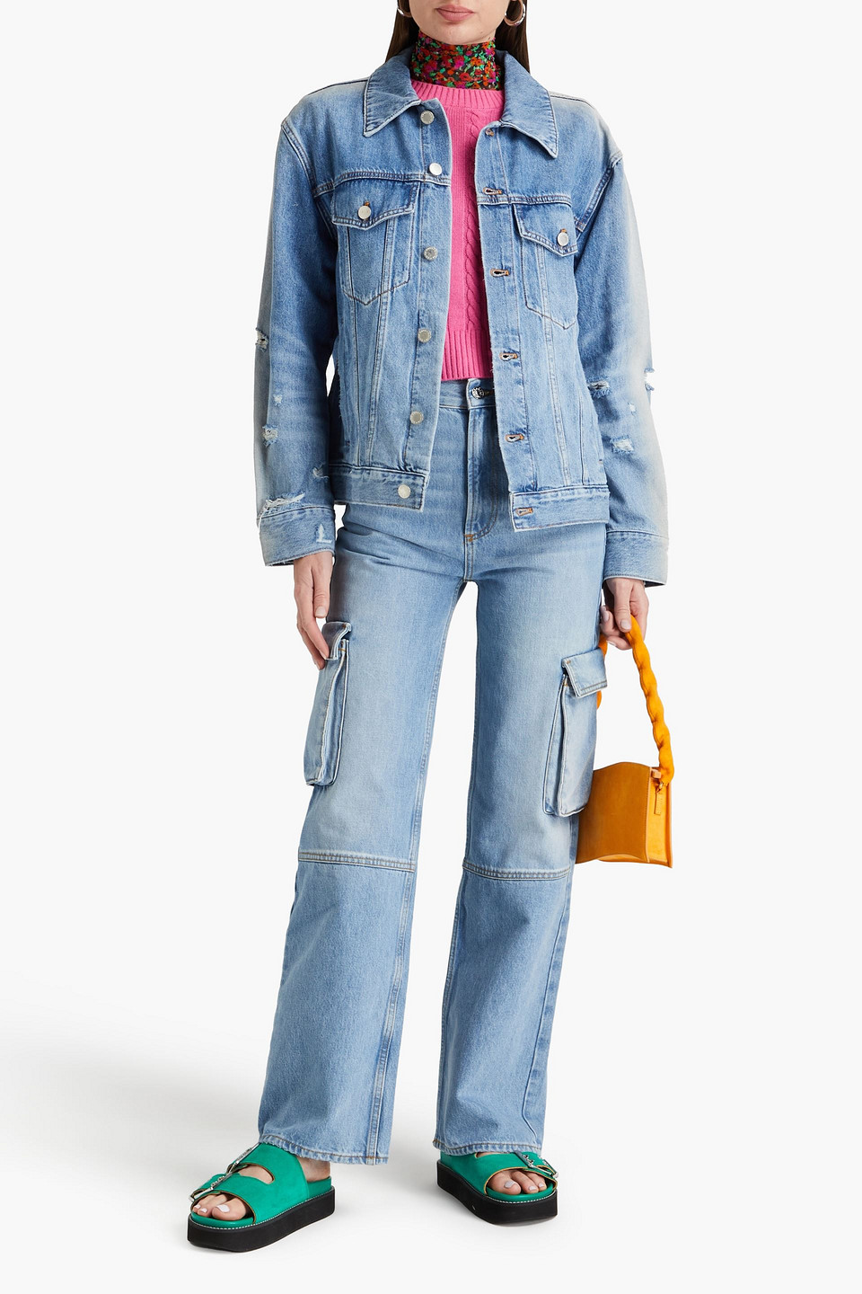 Shop Alice And Olivia Jeff Distressed Denim Jacket In Light Denim