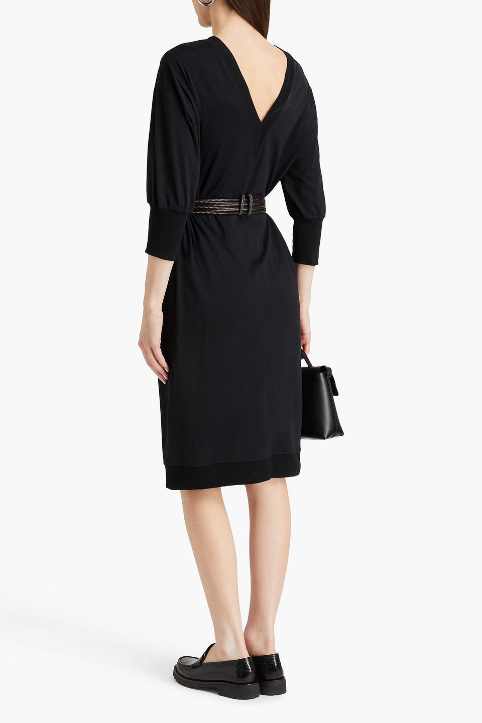 Shop Brunello Cucinelli Belted Bead-embellished Cotton-jersey Dress In Black