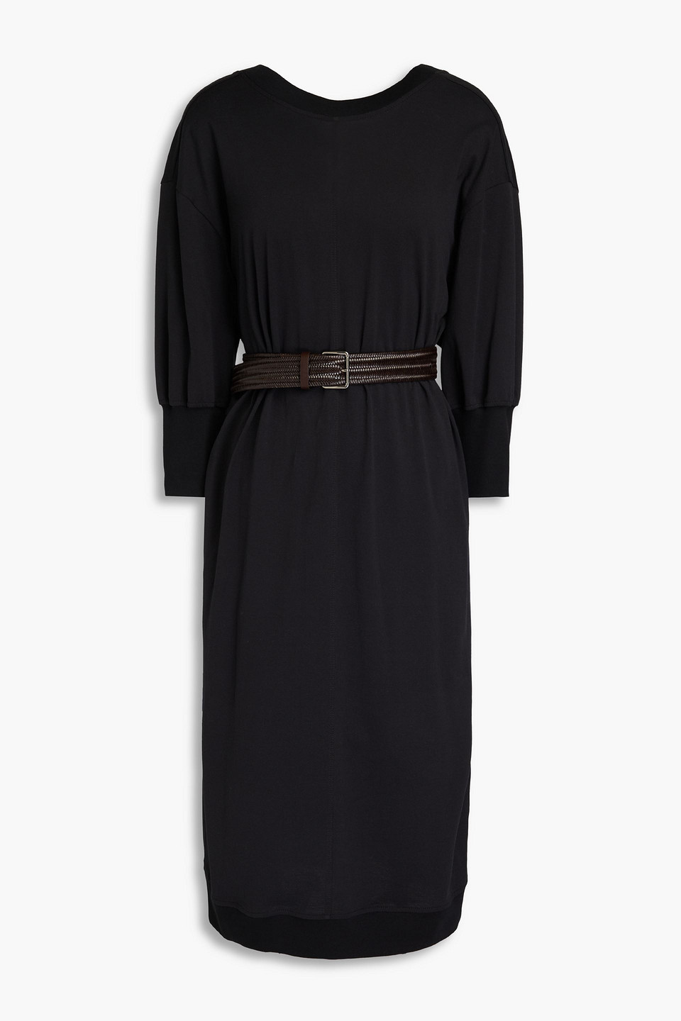 Brunello Cucinelli Belted Bead-embellished Cotton-jersey Dress In Black