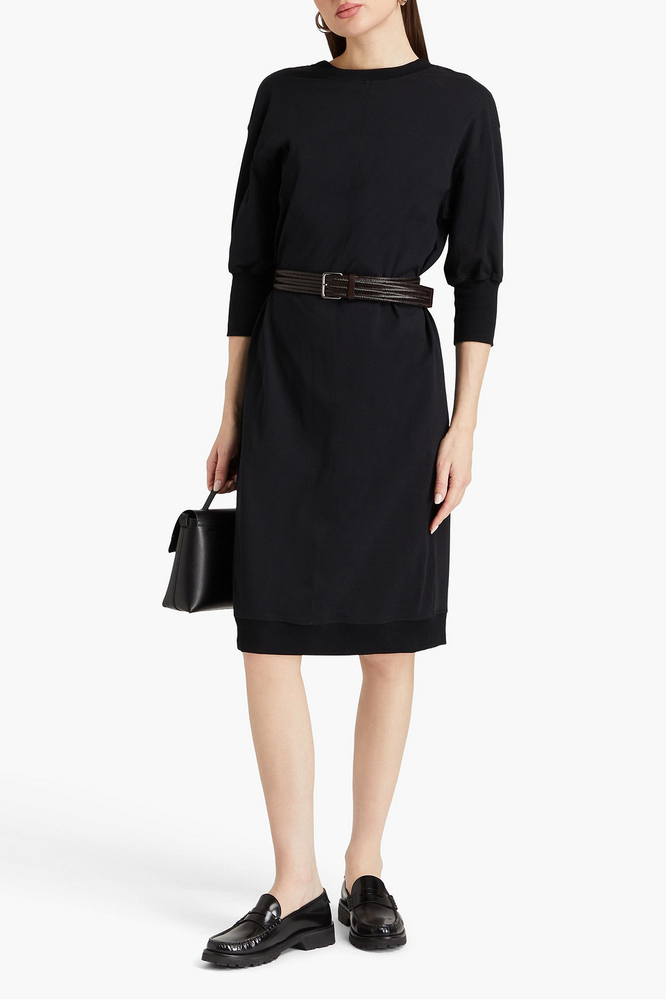 Shop Brunello Cucinelli Belted Bead-embellished Cotton-jersey Dress In Black