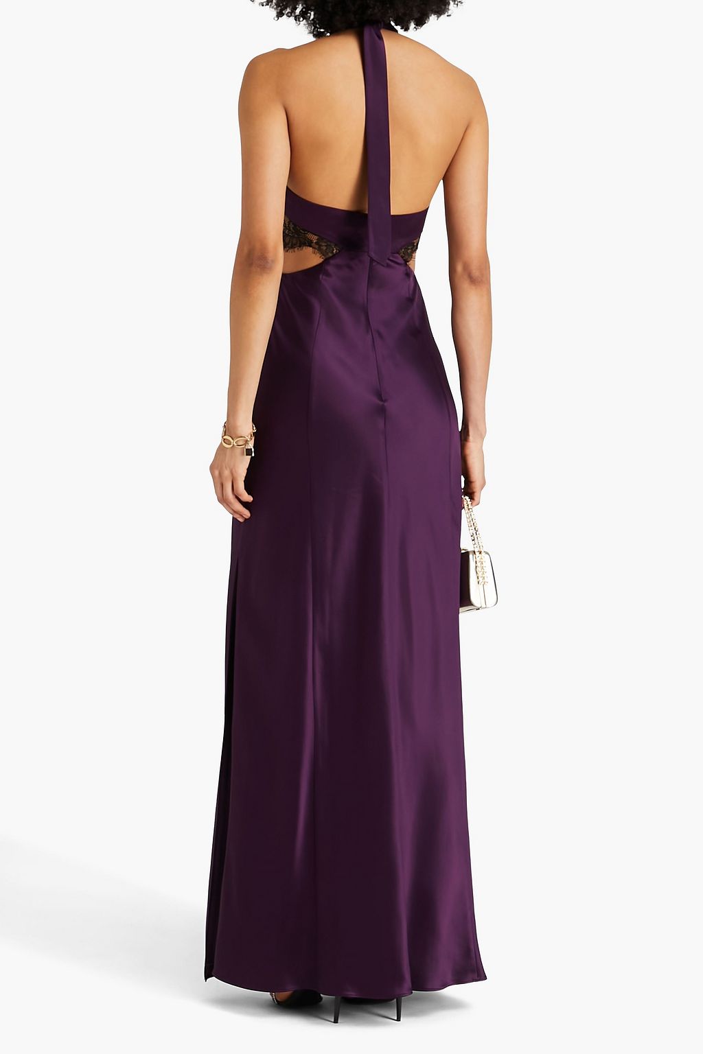 NICHOLAS Cutout lace-trimmed satin halterneck gown