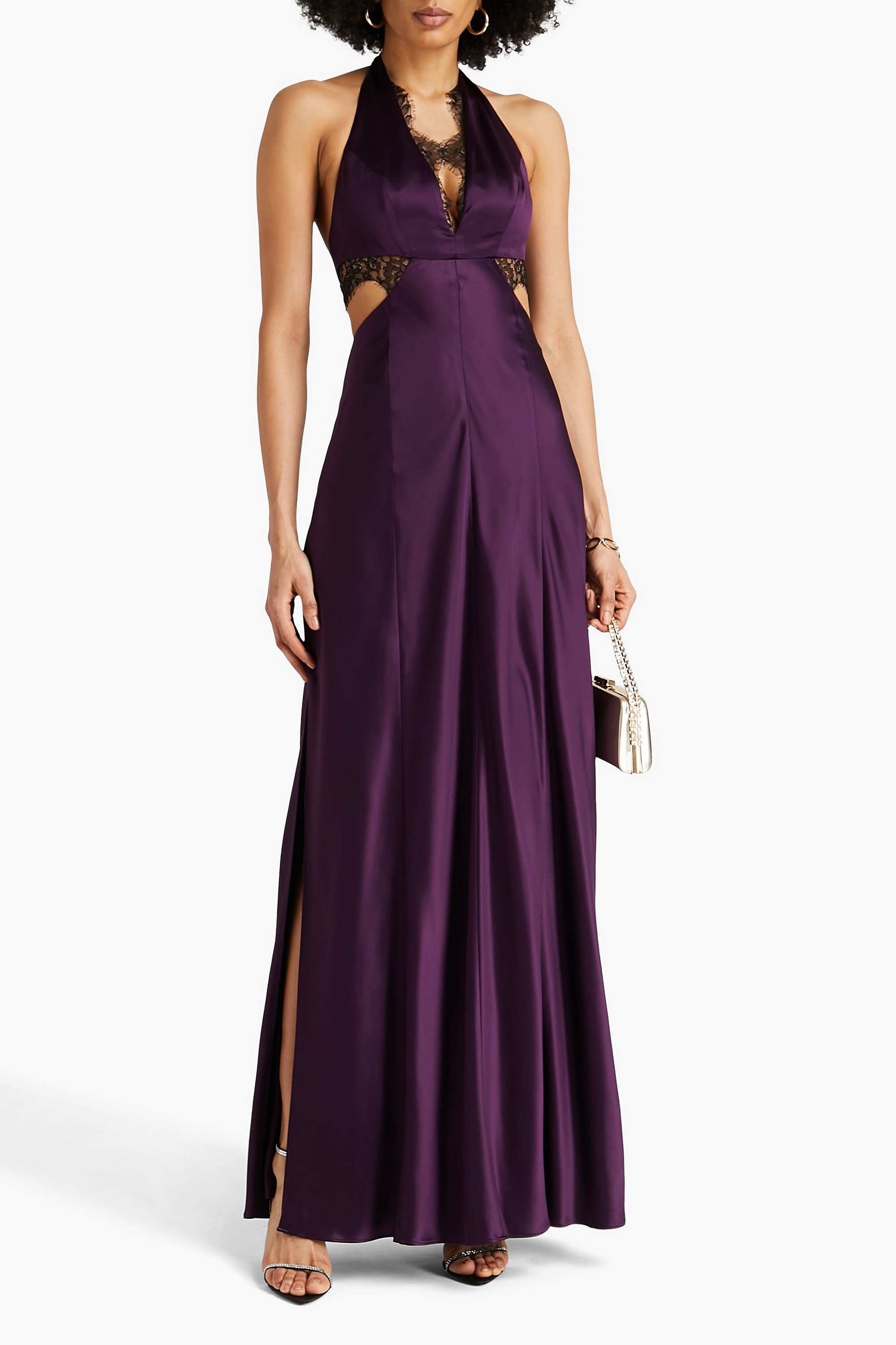 NICHOLAS Cutout lace-trimmed satin halterneck gown