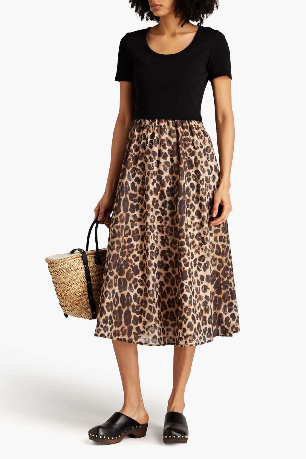 CLAUDIE PIERLOT Midikleid aus Baumwollmusselin mit Leopardenprint und Einsätzen aus Baumwoll-Jersey