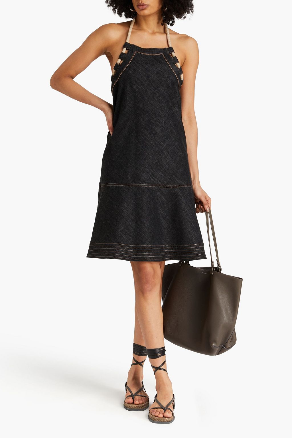 BRUNELLO CUCINELLI デニム ホルターネックワンピース ビーズ付き