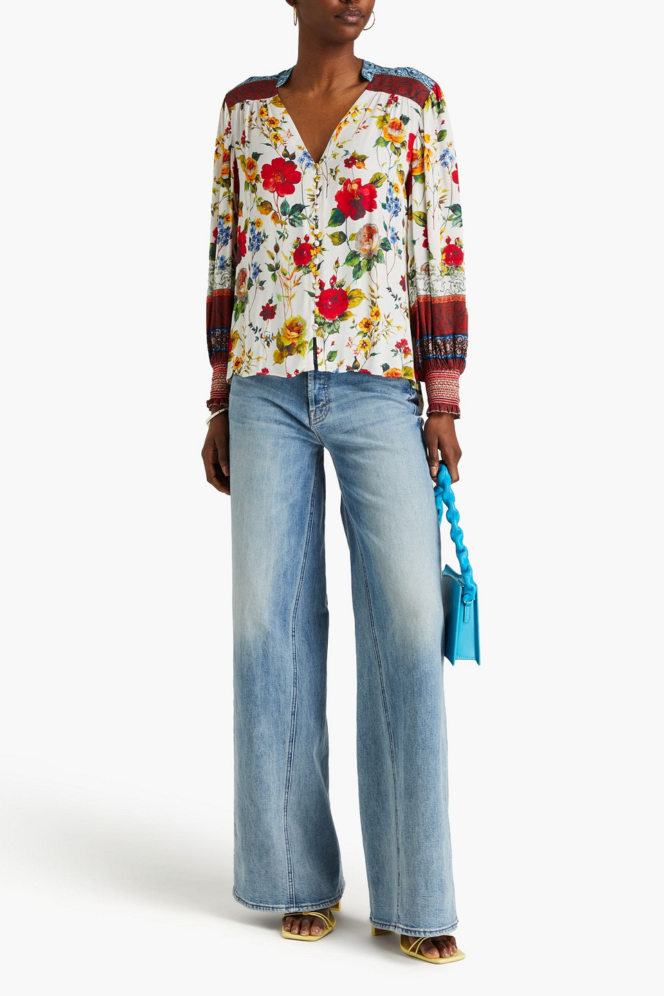 Shop Alice And Olivia Serena Floral-print Twill Blouse In White