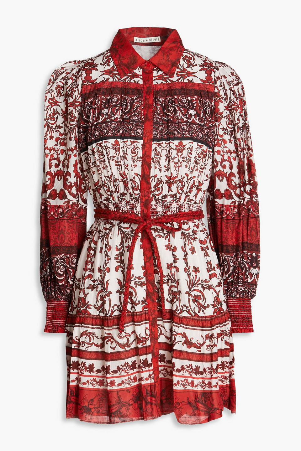 Alice And Olivia Tiffie Belted Long-sleeve Mini Shirtdress In Red