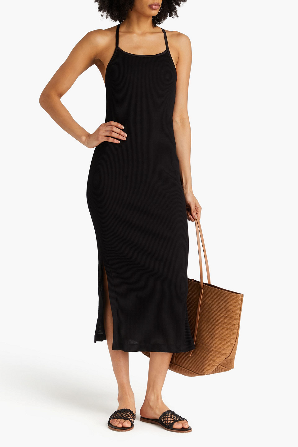 Shop Brunello Cucinelli Ribbed Stretch-cotton Jersey Midi Dress In Black