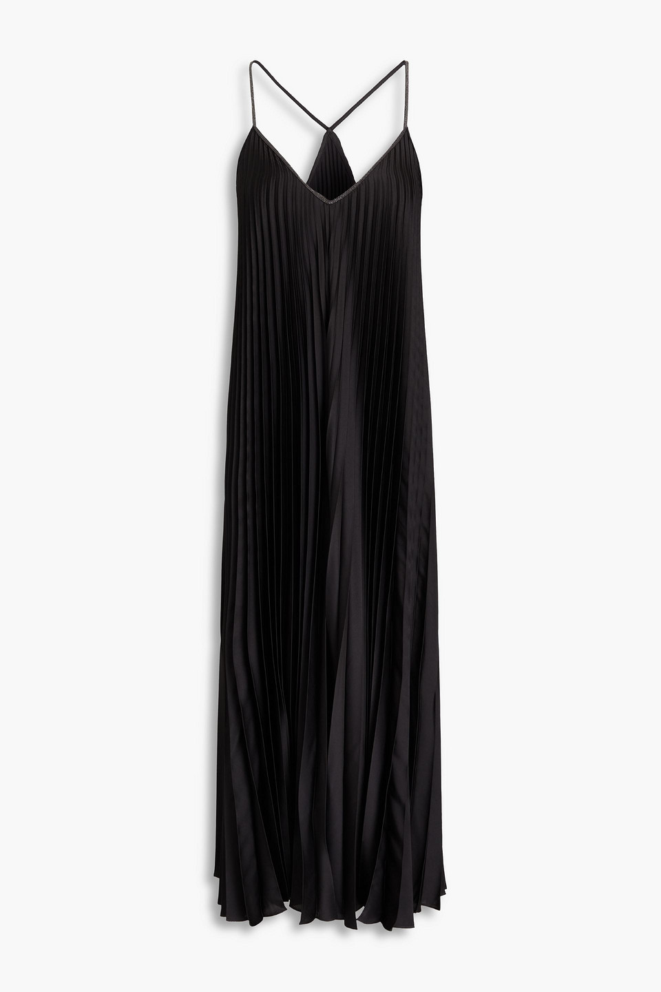 Brunello Cucinelli Pleated Satin Midi Dress In Black