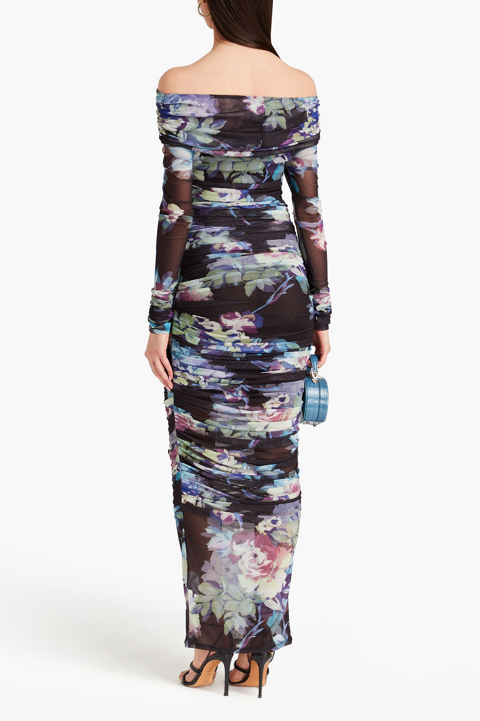 Nicholas Oaklyn Off-the-shoulder Floral-print Stretch-mesh Maxi Dress In Black