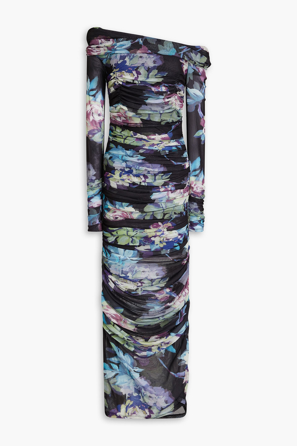 Nicholas Oaklyn Off-the-shoulder Floral-print Stretch-mesh Maxi Dress In Black