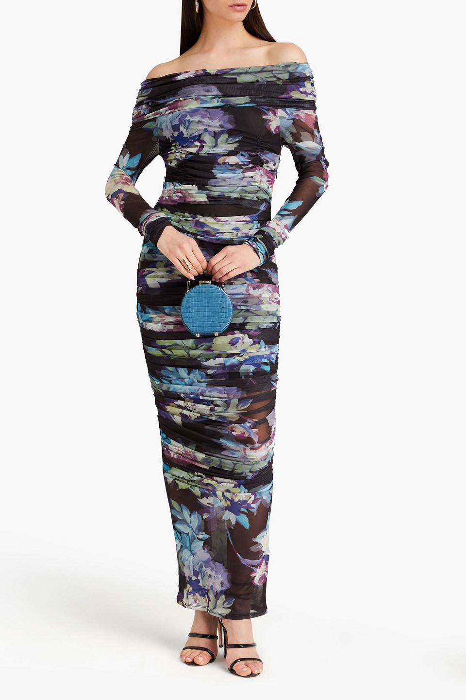 Nicholas Oaklyn Off-the-shoulder Floral-print Stretch-mesh Maxi Dress In Black