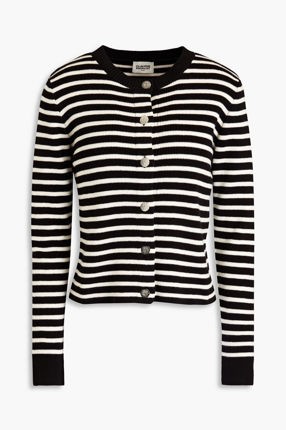 Claudie Pierlot - Striped ribbed wool and cotton-blend cardigan - Black - 1
