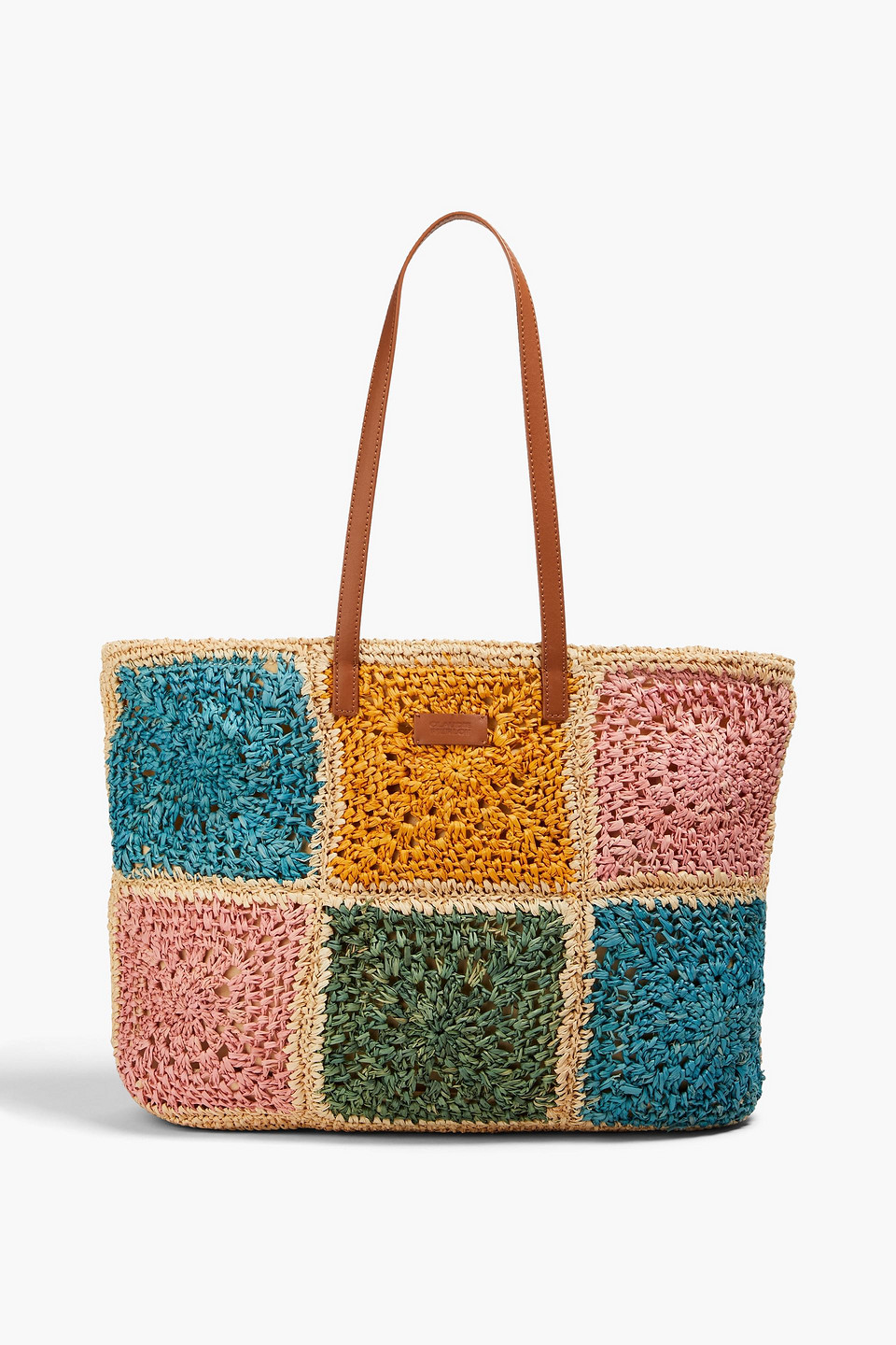 Claudie Pierlot Angela Tote Bag Aus Raffiabast In Patchwork-optik Mit Lederbesatz In Bunt