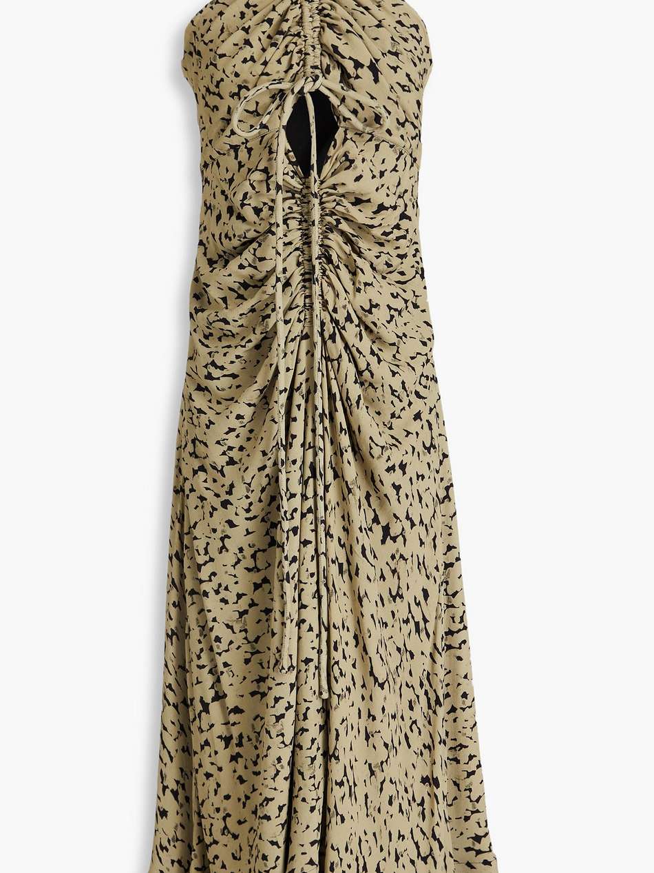 ruched printed crepe halterneck maxi dress