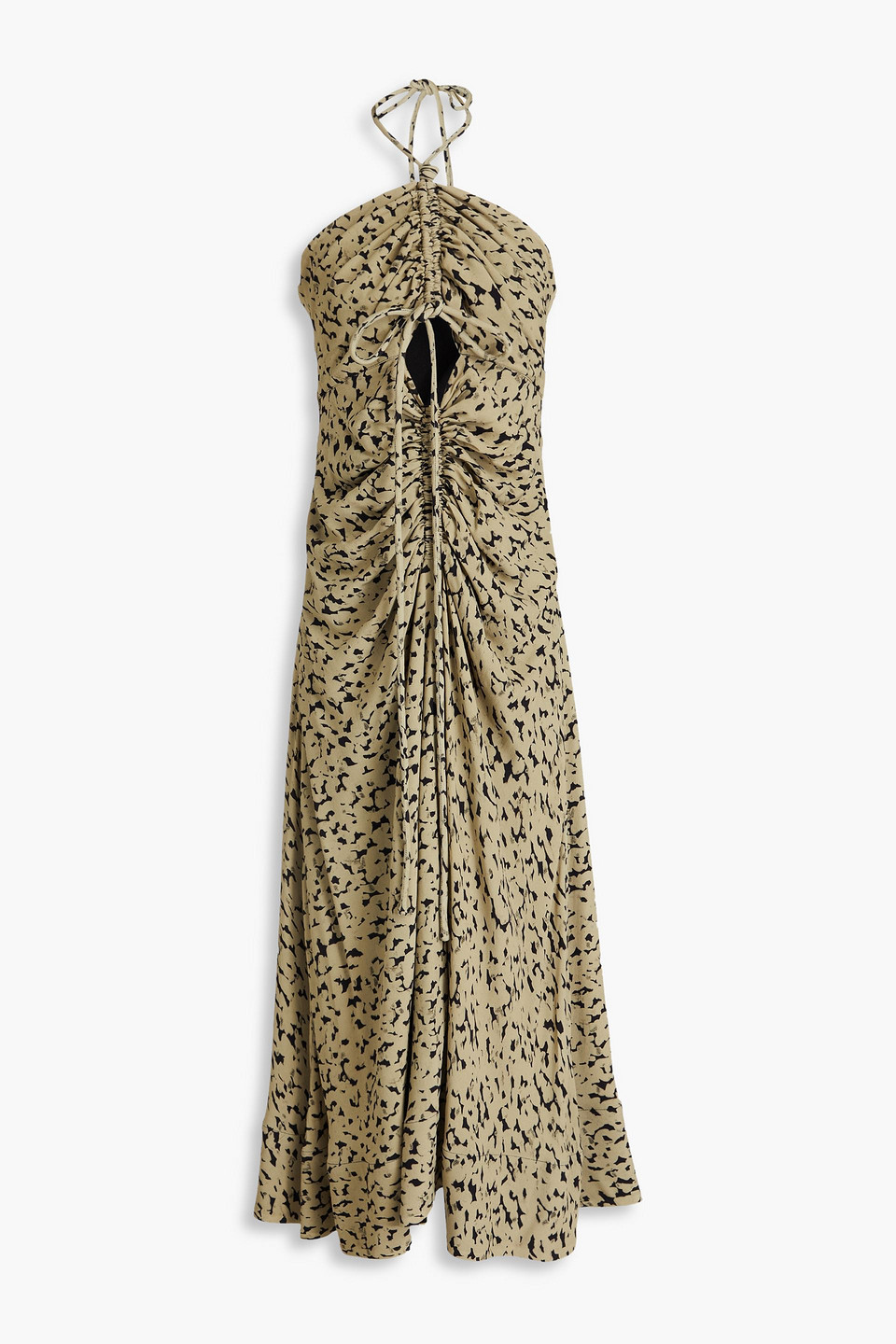 Proenza Schouler Ruched Printed Crepe Halterneck Maxi Dress In Sage Green