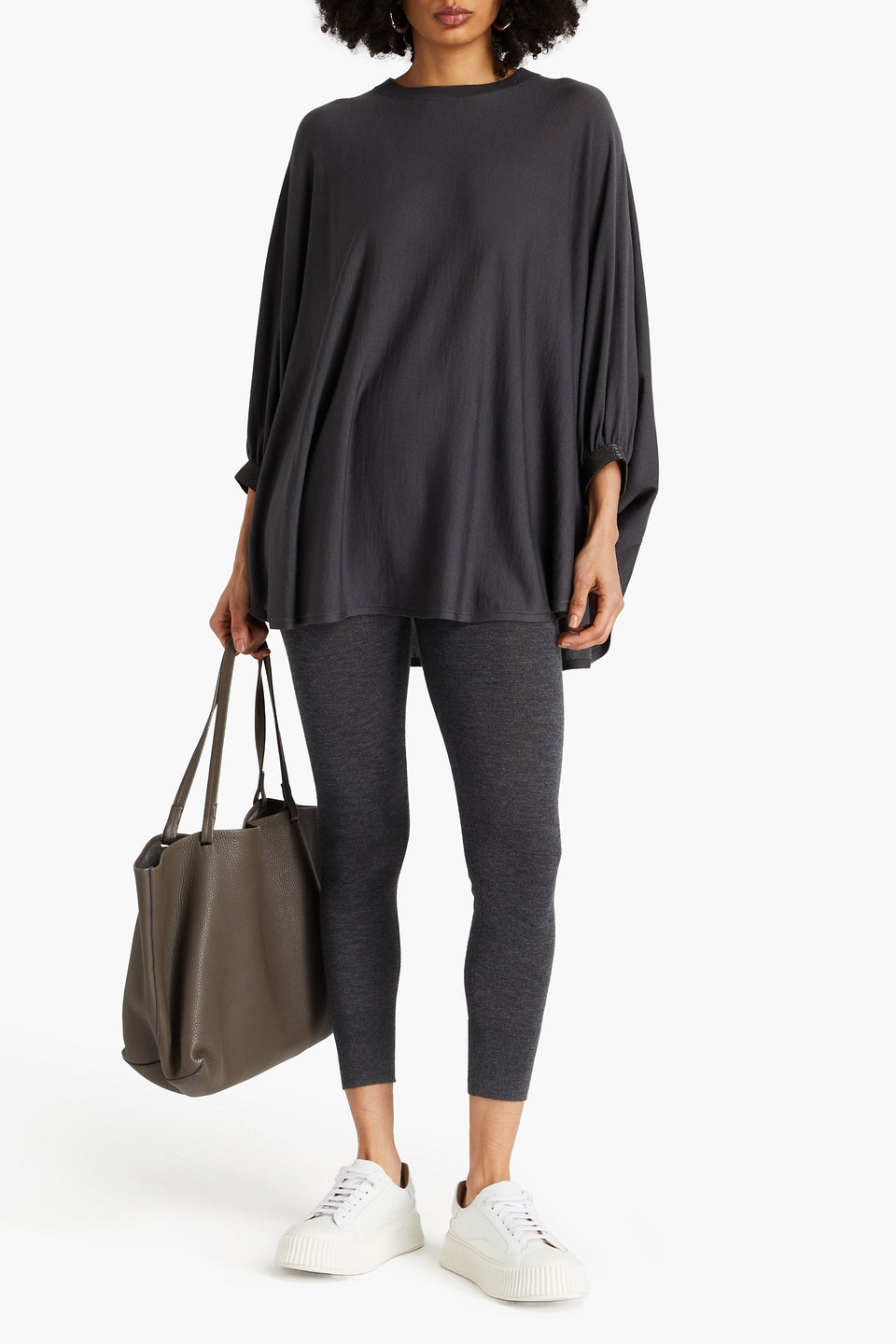 Shop Brunello Cucinelli Bead-embellished Wool And Cashmere-blend Tunic In Dark Gray