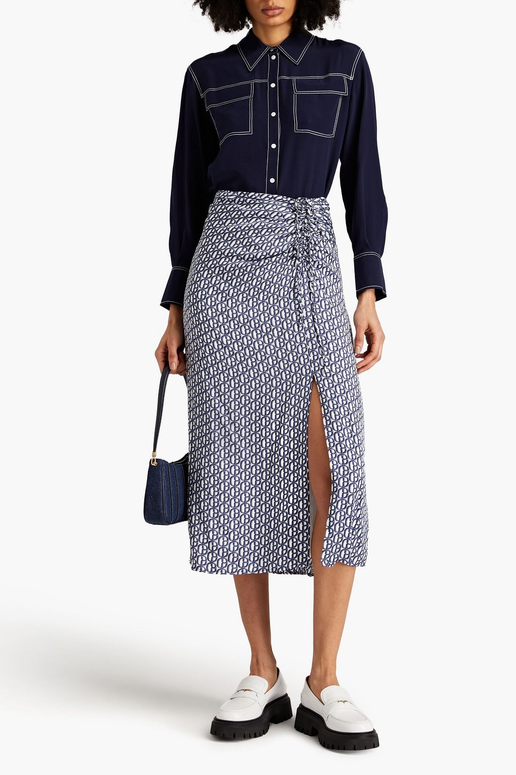 CLAUDIE PIERLOT 루쉬 디테일 프린트 트윌 미디 스커트