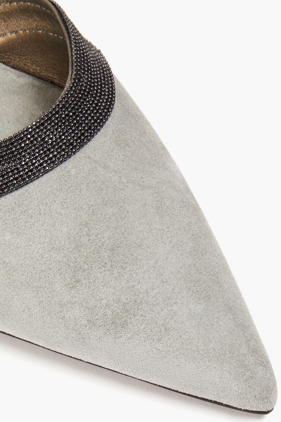 Brunello Cucinelli Bead-embellished Suede Slingback Point-toe Flats In Light Gray