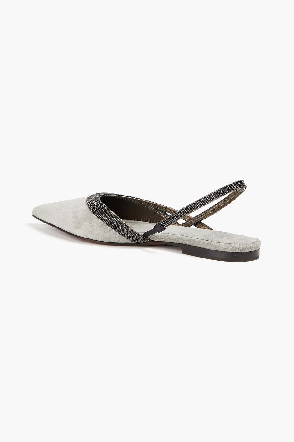 Brunello Cucinelli Bead-embellished Suede Slingback Point-toe Flats In Light Gray