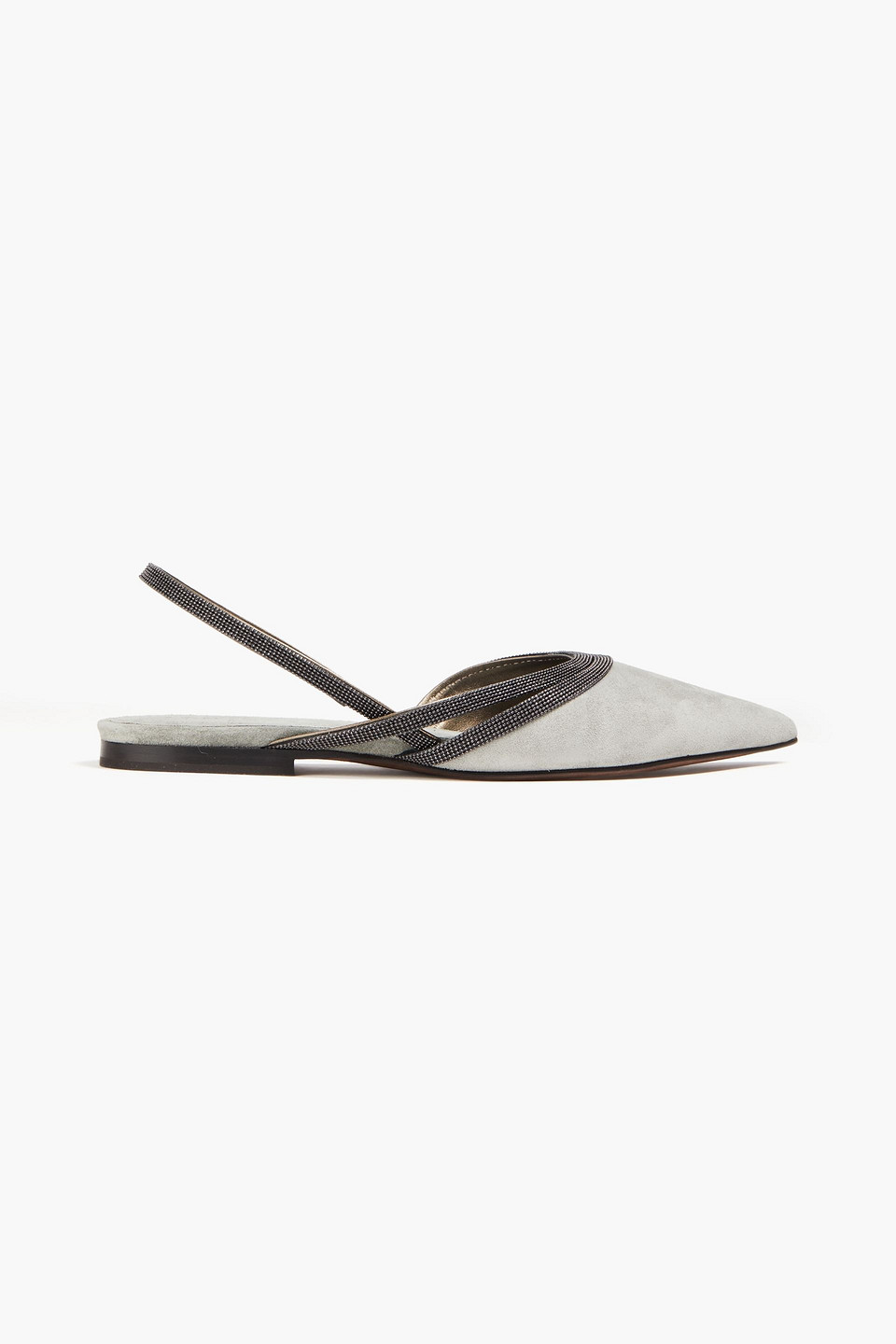 Brunello Cucinelli Bead-embellished Suede Slingback Point-toe Flats In Light Gray