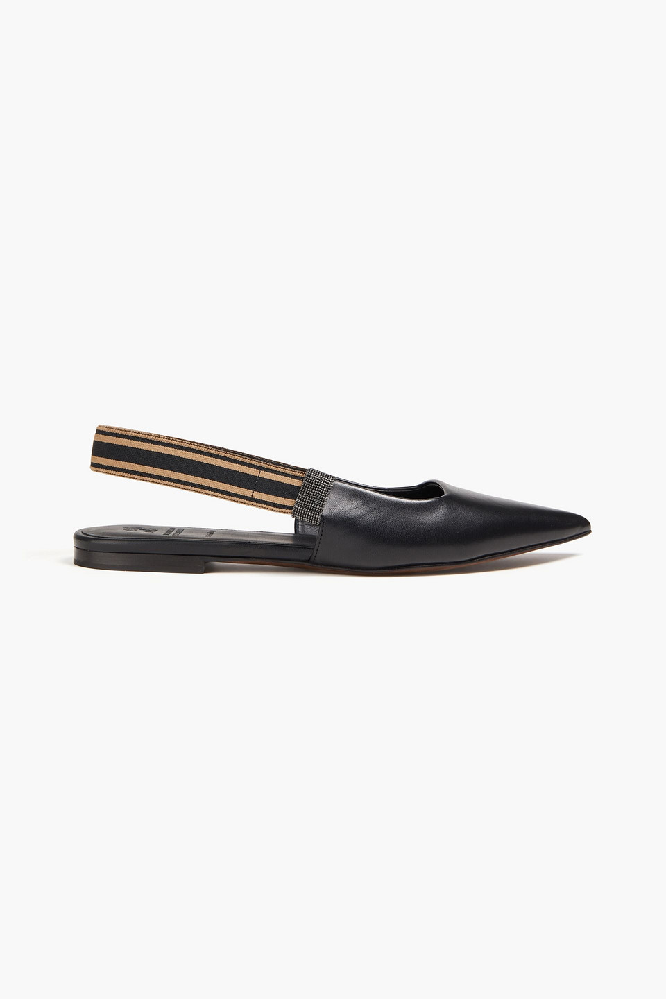 Brunello Cucinelli Bead-embellished Leather Slingback Point-toe Flats In Black