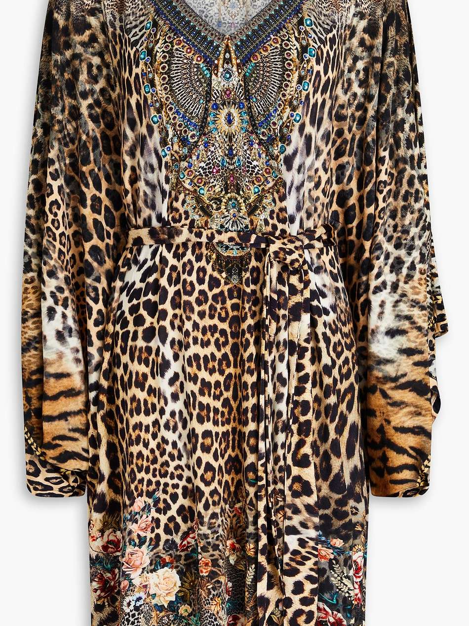 crystal-embellished printed stretch-jersey mini dress
