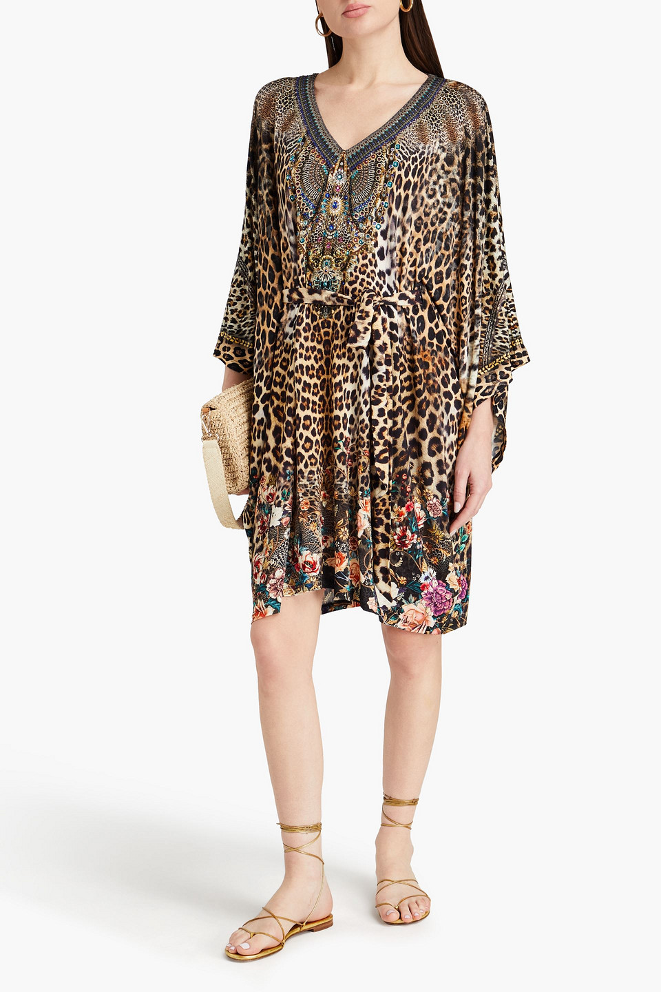 Shop Camilla Crystal-embellished Printed Stretch-jersey Mini Dress In Animal-print