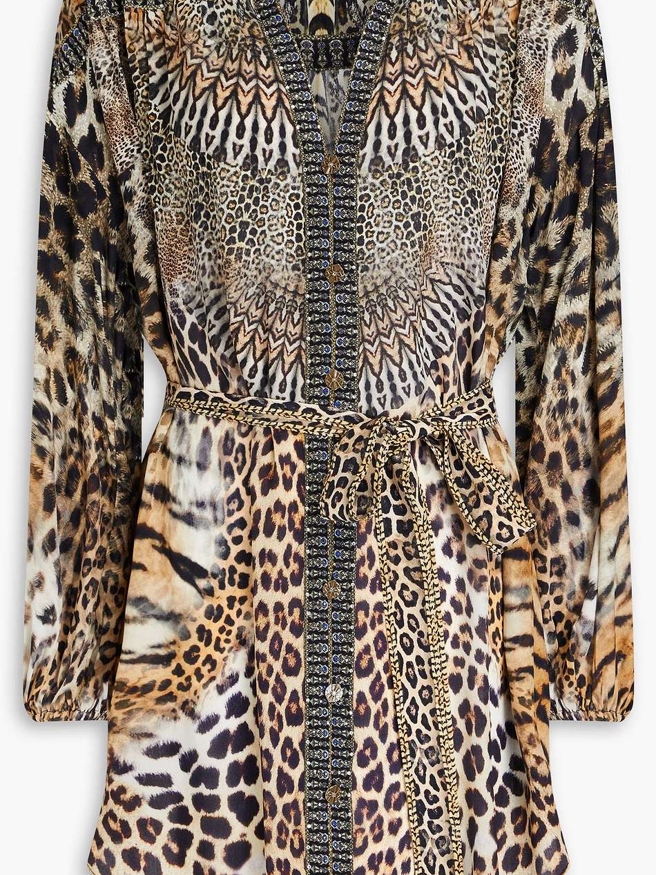 crystal-embellished printed silk crepe de chine mini dress