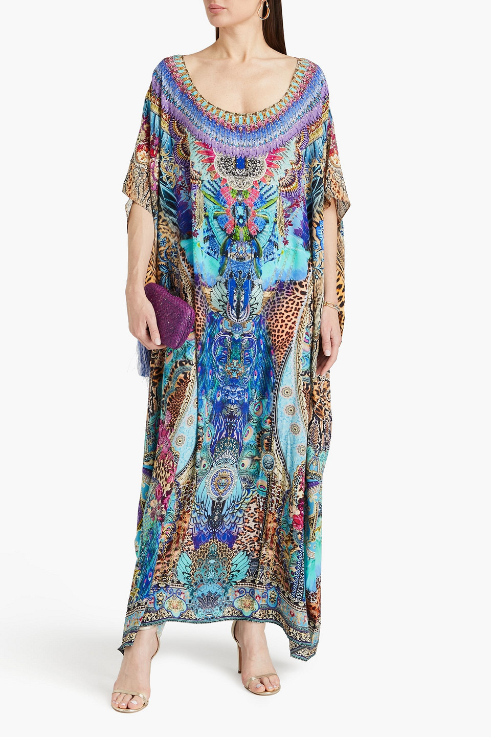 Shop Camilla Crystal-embellished Printed Silk Crepe De Chine Kaftan In Indigo